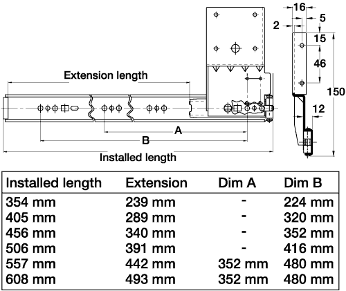 Pivot sliding door runners (horizontal/vertical), for cabinet doors, 550  mm, Accuride 1312 - Daro UK Ltd